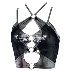 New XS Metallic‎ Silver Black Mesh O-Ring Crop Top Halter Festival Rave Bralette